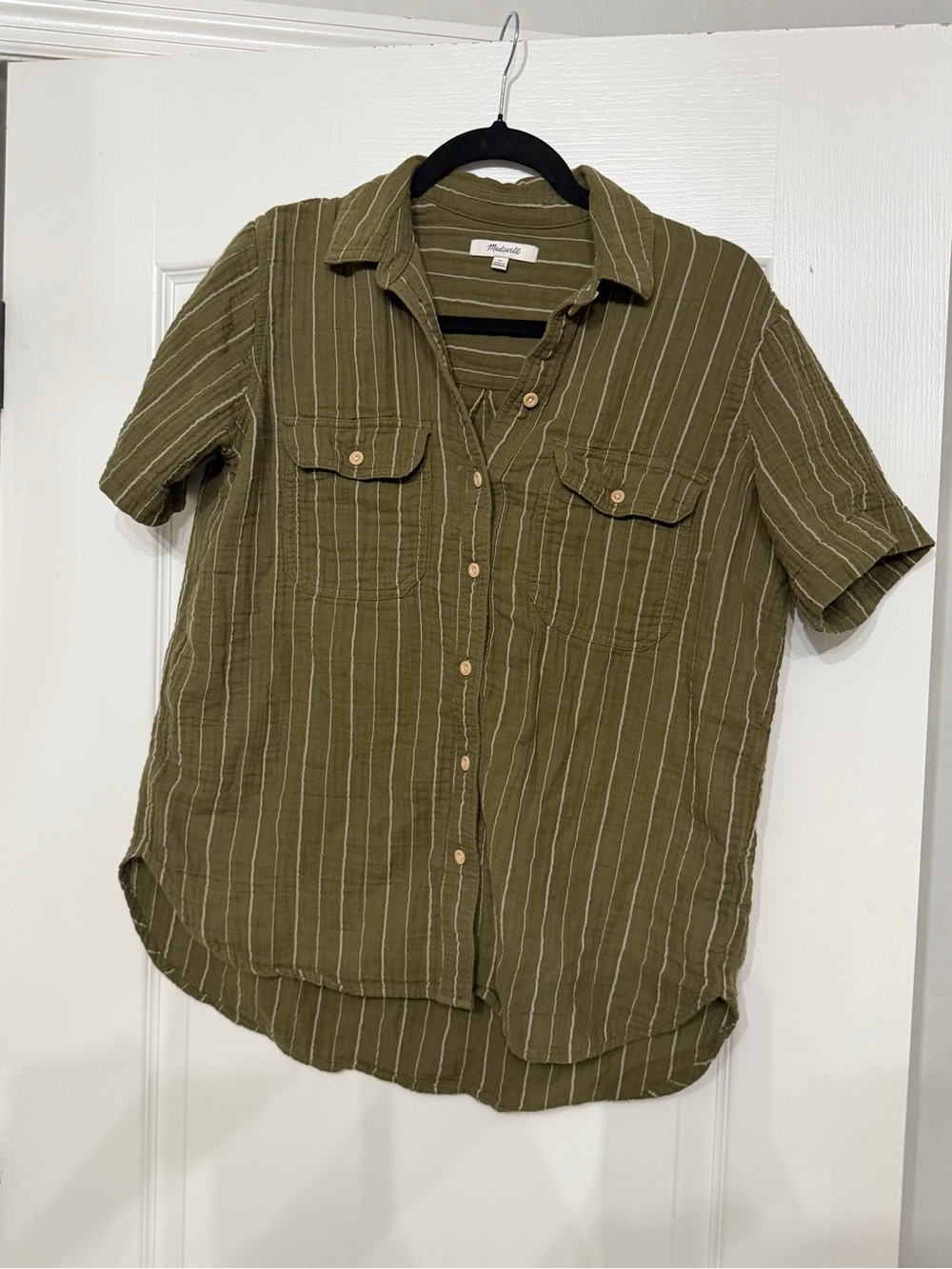 Madewell Olive Green Short-Sleeve Striped Button-Down Shirt